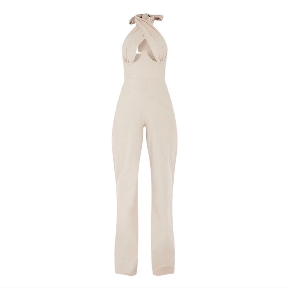 PrettyLittleThing Cream Cross Neck Jumpsuit